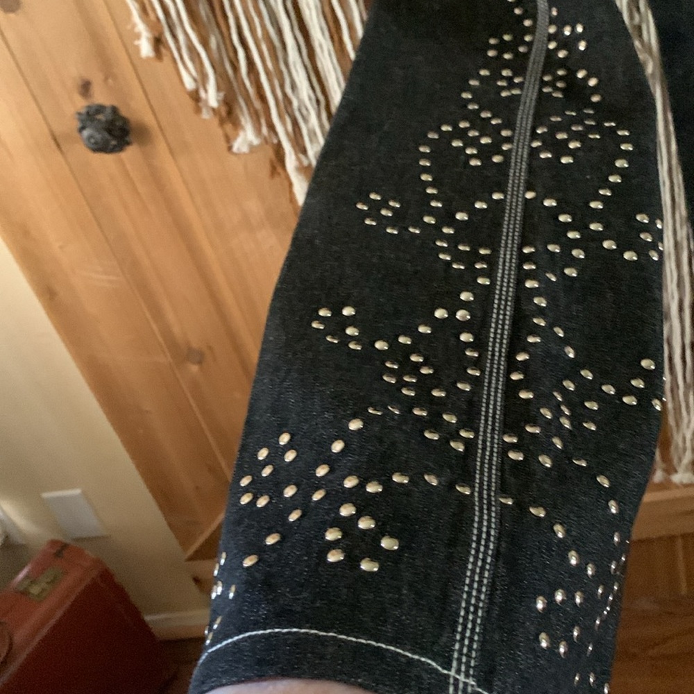 Moda International Dark Wash Denim Silver Studded Flare Jeans Size 10 - Picture 7 of 11